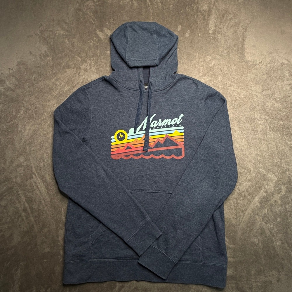 Marmot Hoodie Mens Medium Navy Blue Retro Mountain Graphic Fleece Pullover